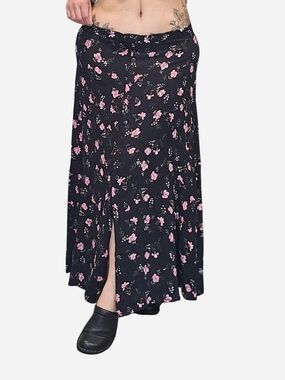 90s Maggie Lawrence Black Maxi Skirt with Pink Floral Print and Front Buttons L